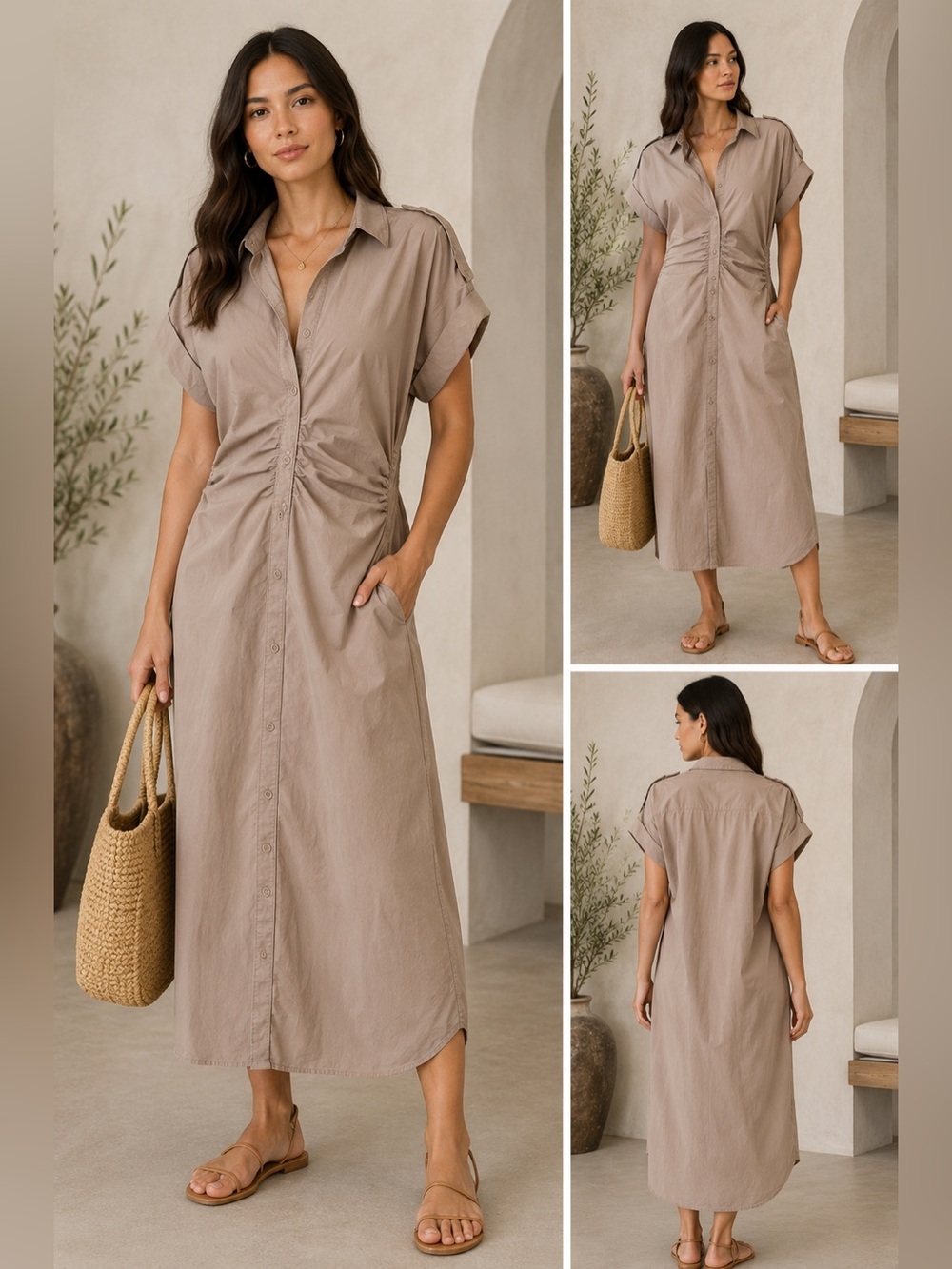 Saunders Collective x RTR Beige Ruched Shirt Midi Dress Size 10